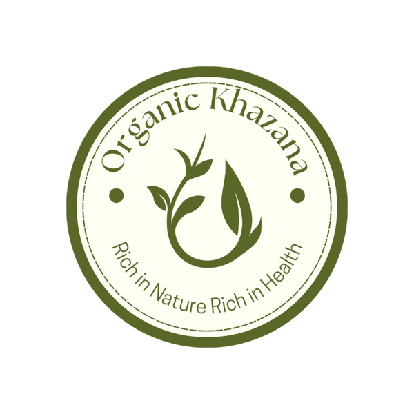 Organic Khazana logo with leaves and a droplet on a white background